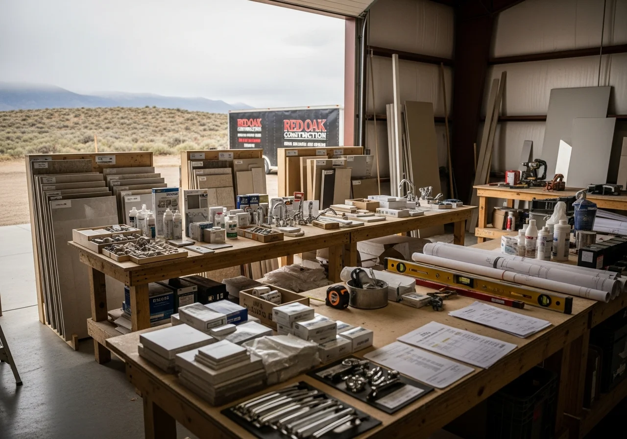 Construction crew tools and materials on a job site, showcasing the equipment and workspace of a professional remodeling contractor.