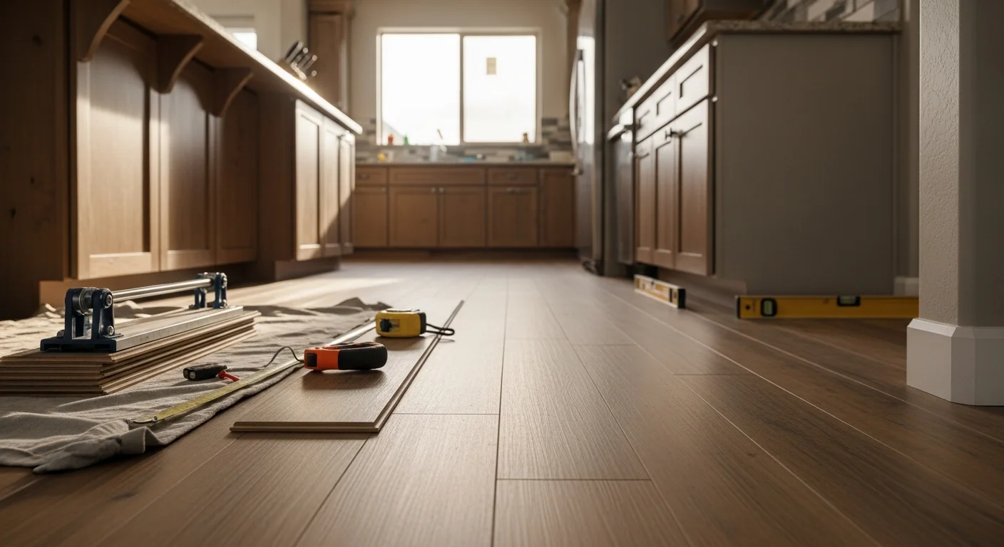 Various flooring materials including hardwood, tile, and vinyl plank