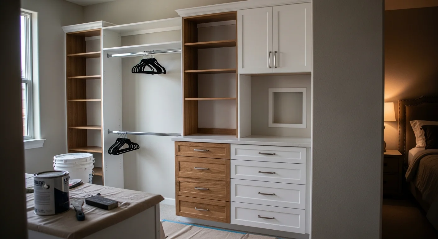 Custom closet organization system in residential bedroom