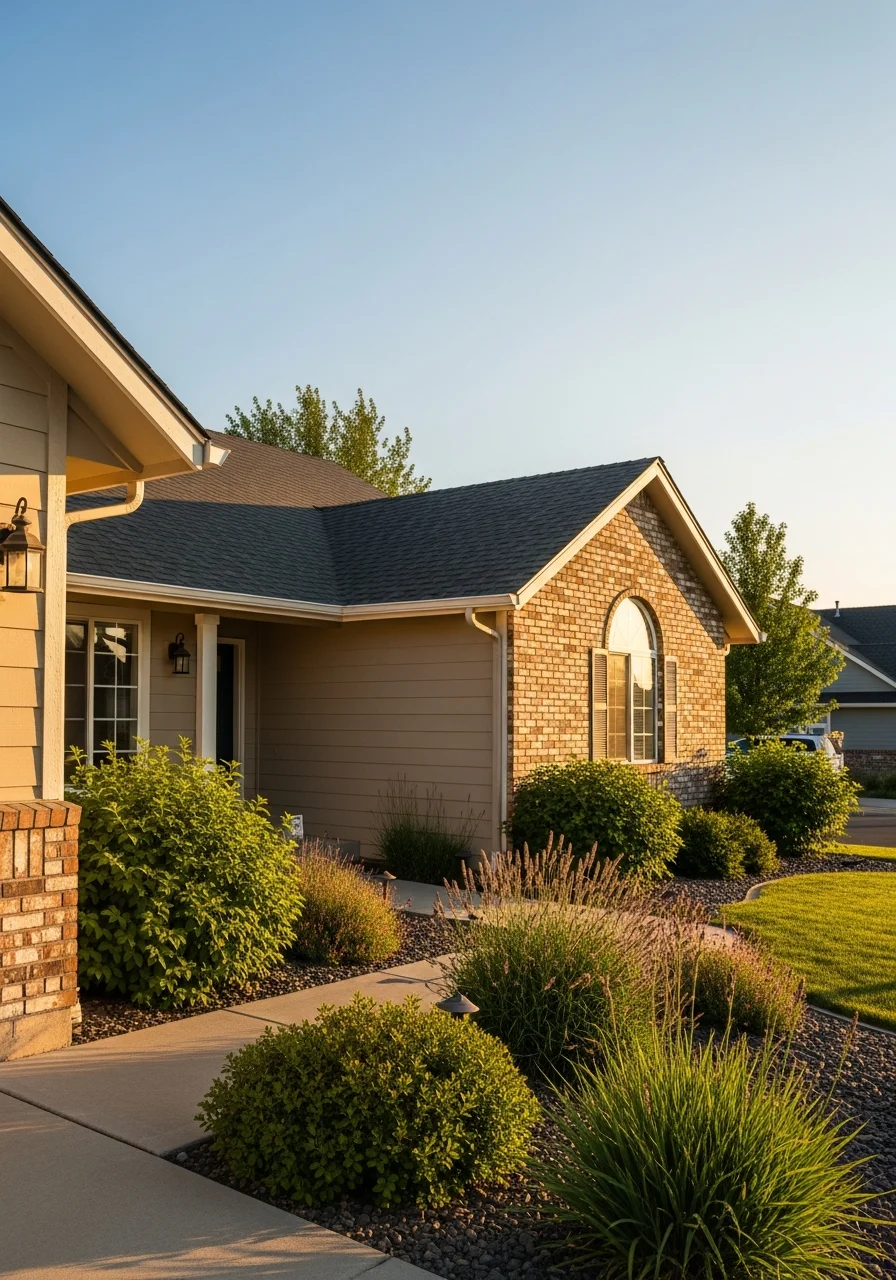 Close-up of a well-maintained Fruitland home exterior with landscaping and local architectural style.