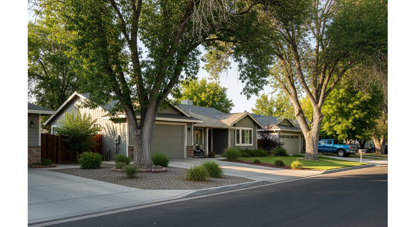 Residential street in Fruitland, ID with mature trees and single-family homes typical of Payette County neighborhoods.