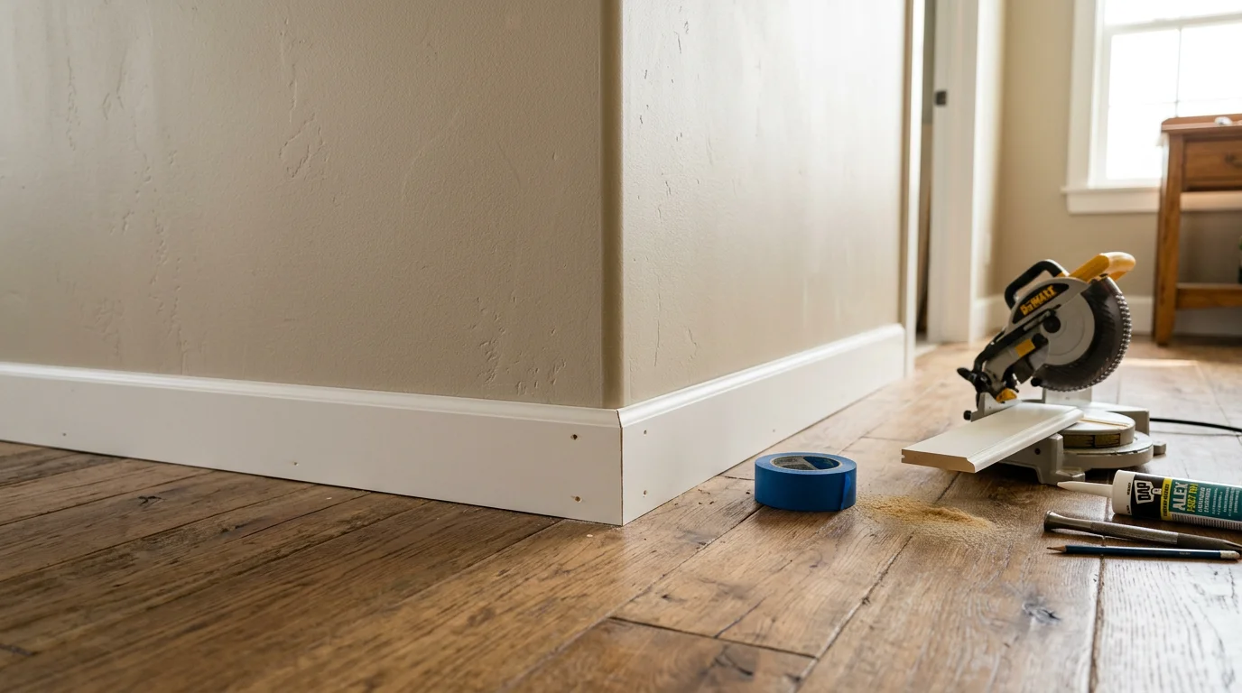 Freshly installed white baseboard trim running along the base of an interior wall in a Fruitland, ID home, with tight corner joints and a clean painted finish where the wall meets a hardwood floor.
