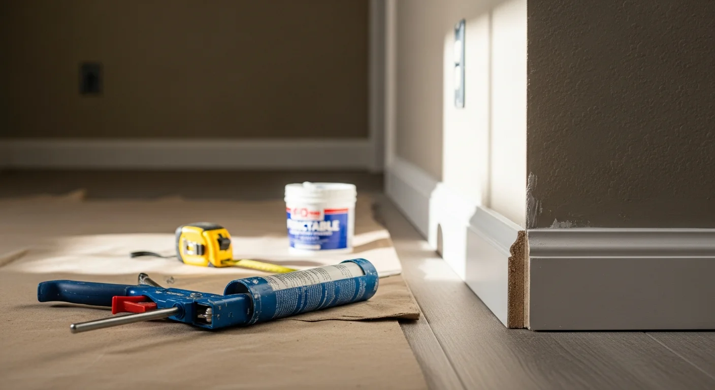 Freshly installed white baseboard trim running along the base of a painted interior wall in a Fruitland, Idaho ranch-style home. Clean miter joints meet at a room corner with no visible gaps between the trim and the wall or floor.