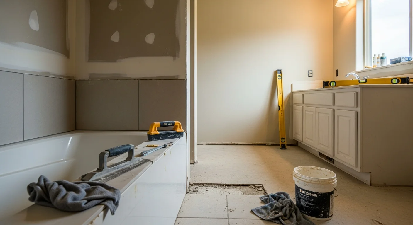 Finished bathroom remodel in a Fruitland, Idaho home showing a tiled walk-in shower, updated vanity, and new fixtures. Clean, modern layout typical of a full gut renovation completed by Red Oak Construction.