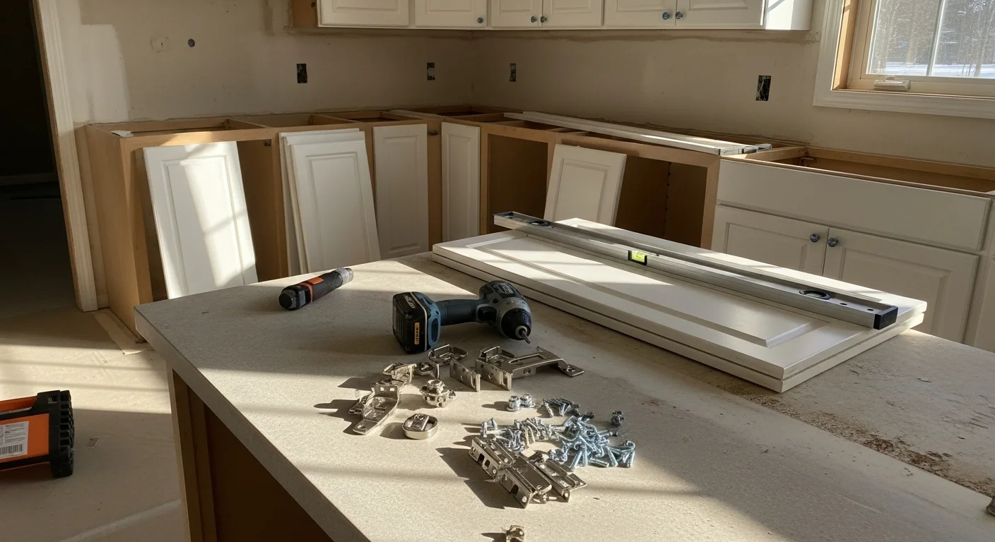 Newly installed kitchen cabinets with clean white finish and open layout in a Fruitland, Idaho home. Red Oak Construction completed the full removal and installation, including upper and lower cabinet runs with flush door alignment.