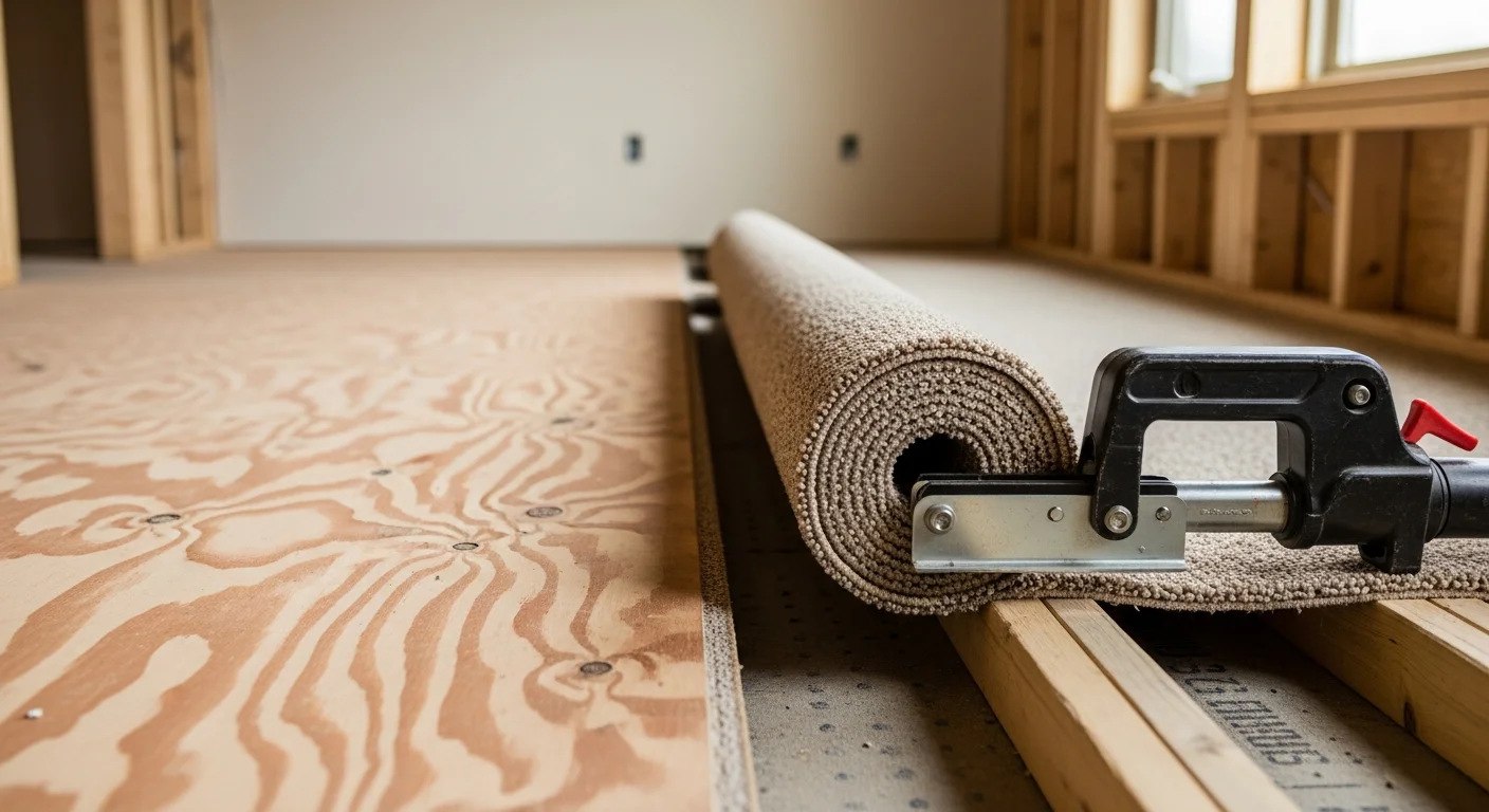 Freshly installed wall-to-wall carpet in a residential living room in Fruitland, Idaho, showing smooth, evenly stretched flooring with clean edges along the baseboards. The room reflects a typical single-family home interior common to the Payette County area.