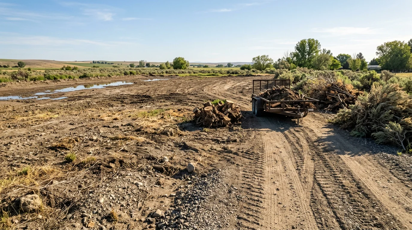 A cleared residential lot in Fruitland, ID with brush, weeds, and overgrowth removed, leaving bare ground ready for construction. Farm fields and a rural road are visible in the background, typical of the Treasure Valley landscape.