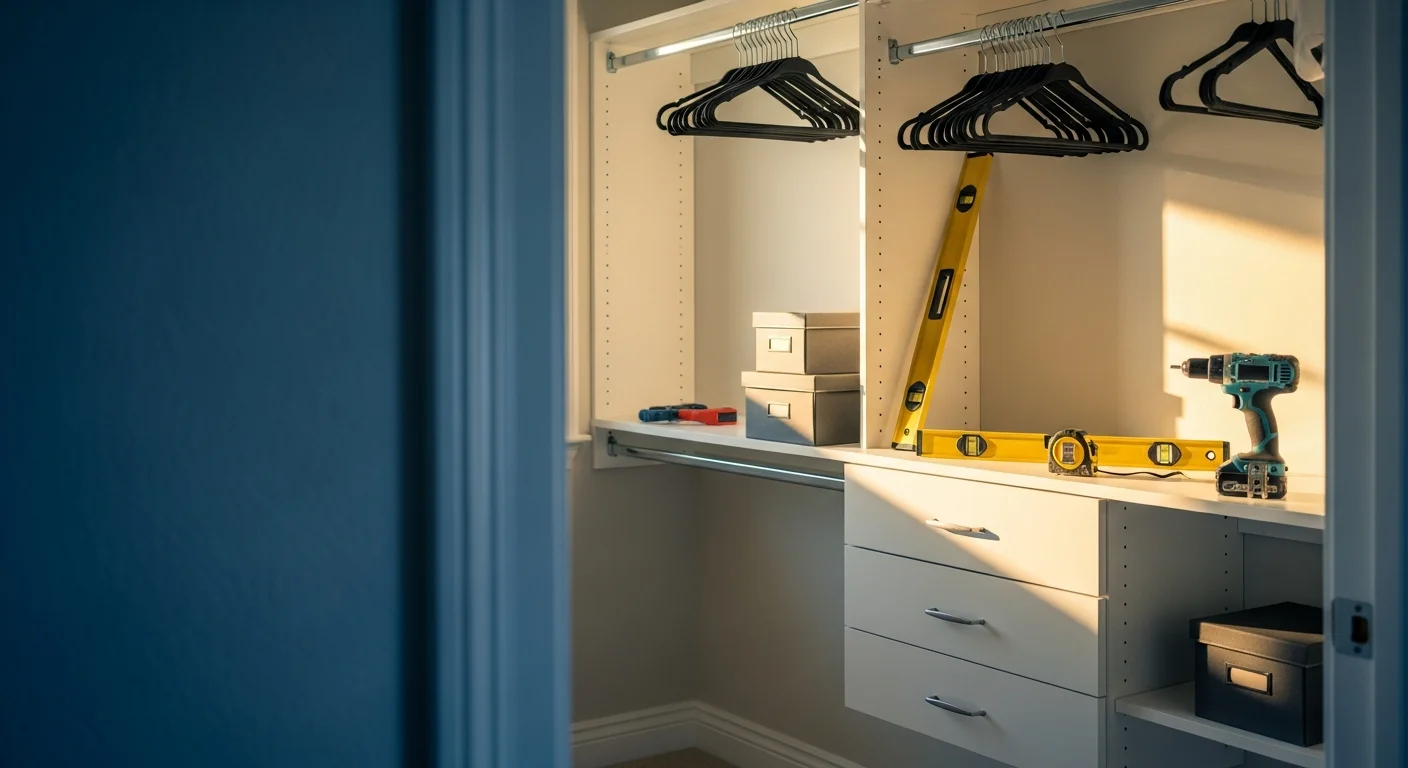 A finished custom closet organization system installed by Red Oak Construction in a Fruitland, ID home, showing built-in shelving, double hanging rods, and drawer sections along white painted walls. The closet is fully organized with clothing and storage items in place inside a single-family home.