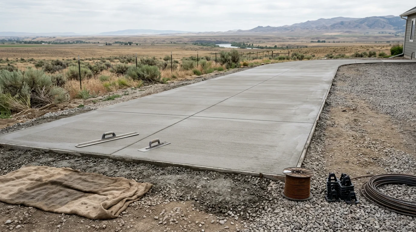 Freshly poured concrete driveway at a residential property in Fruitland, Idaho, with smooth flatwork extending from the garage to the street. The surrounding landscape reflects the rural character of Payette County.
