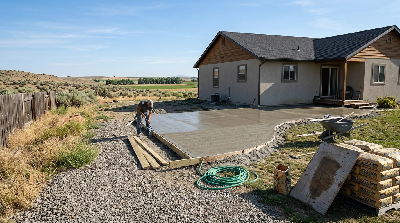 A finished concrete patio behind a residential home in Fruitland, Idaho, with a smooth broom-finish surface and clean edges. The patio extends from the back door into a backyard with open sky typical of the Payette County landscape.