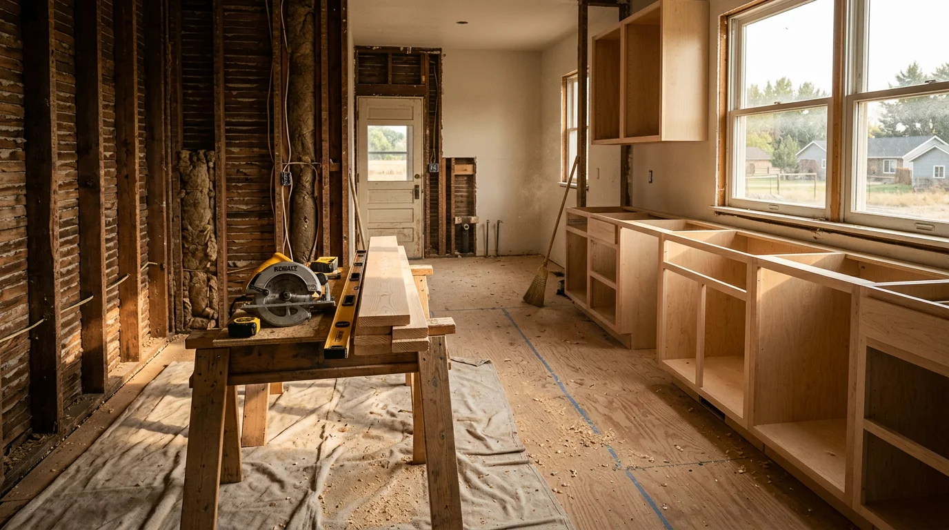 A remodeled single-family home interior in Fruitland, Idaho showing updated finishes and an open living area. A general contractor reviews construction progress on a room addition at a residential property in the Fruitland area.