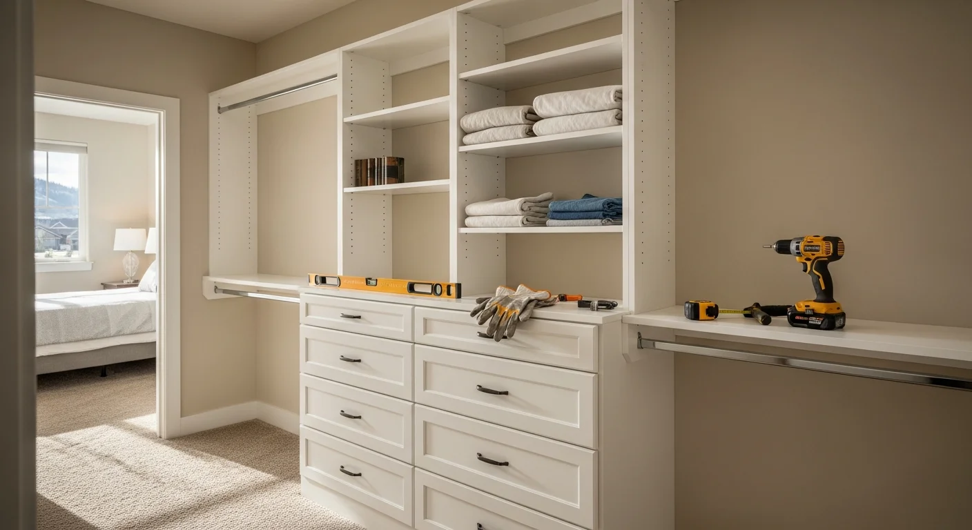 A finished custom walk-in closet installed by Red Oak Construction in a Fruitland, ID home, showing built-in shelving, a double-hang section, and drawer units fitted to the full wall. The interior finishing reflects the clean, practical style common in newer Fruitland residential builds.