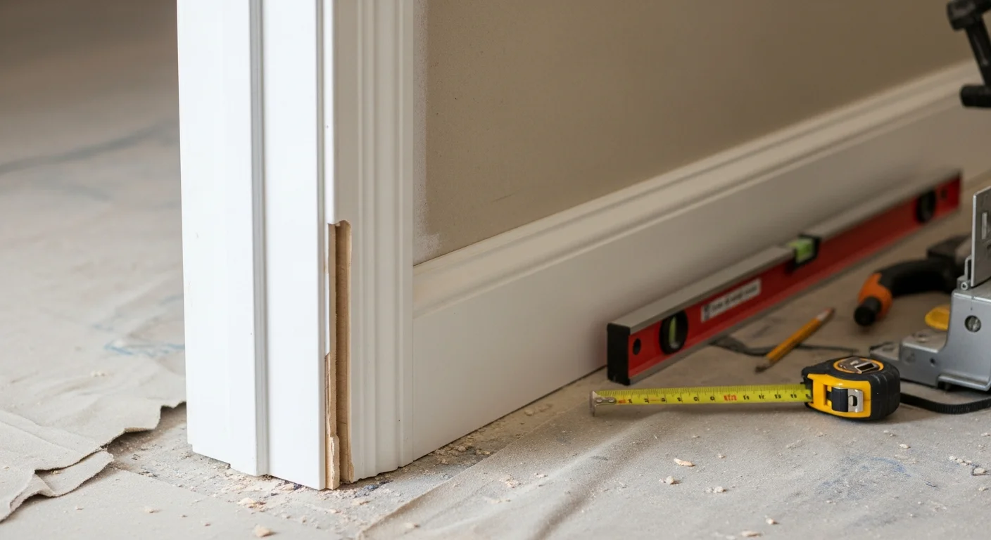 Freshly installed interior door casing with tight mitered corners on a Craftsman-style home in Fruitland, ID. The white painted trim sits flush against the door jamb and drywall with no visible gaps.