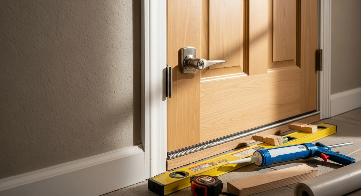 A newly installed exterior entry door on a single-story ranch home in Fruitland, Idaho, with a clean frame and tight weatherstripping. The door sits flush and level within a freshly prepped rough opening on a residential property in Payette County.