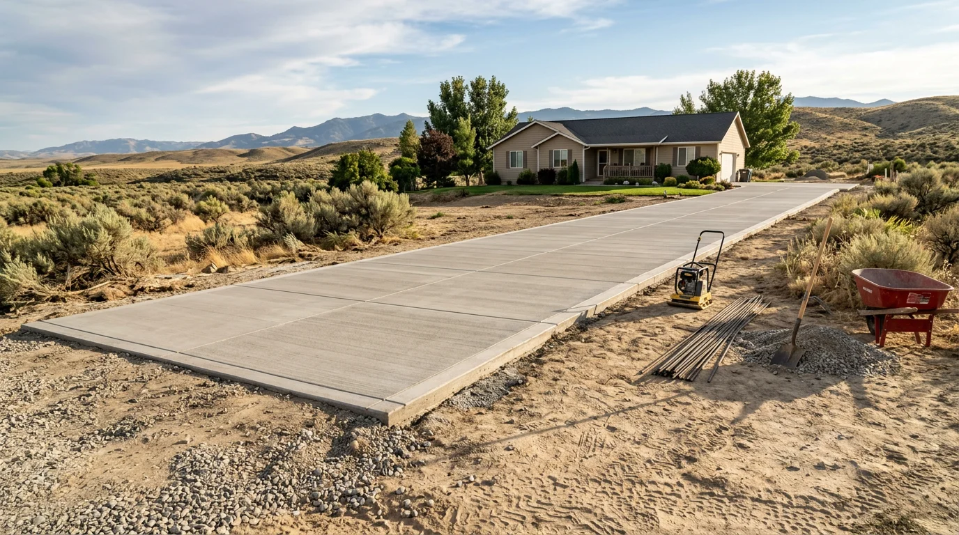 A freshly installed residential driveway on a single-family home in Fruitland, Idaho, with a smooth, even surface and clean edges meeting the street. The surrounding lot shows the open, low-density character typical of Payette County properties.
