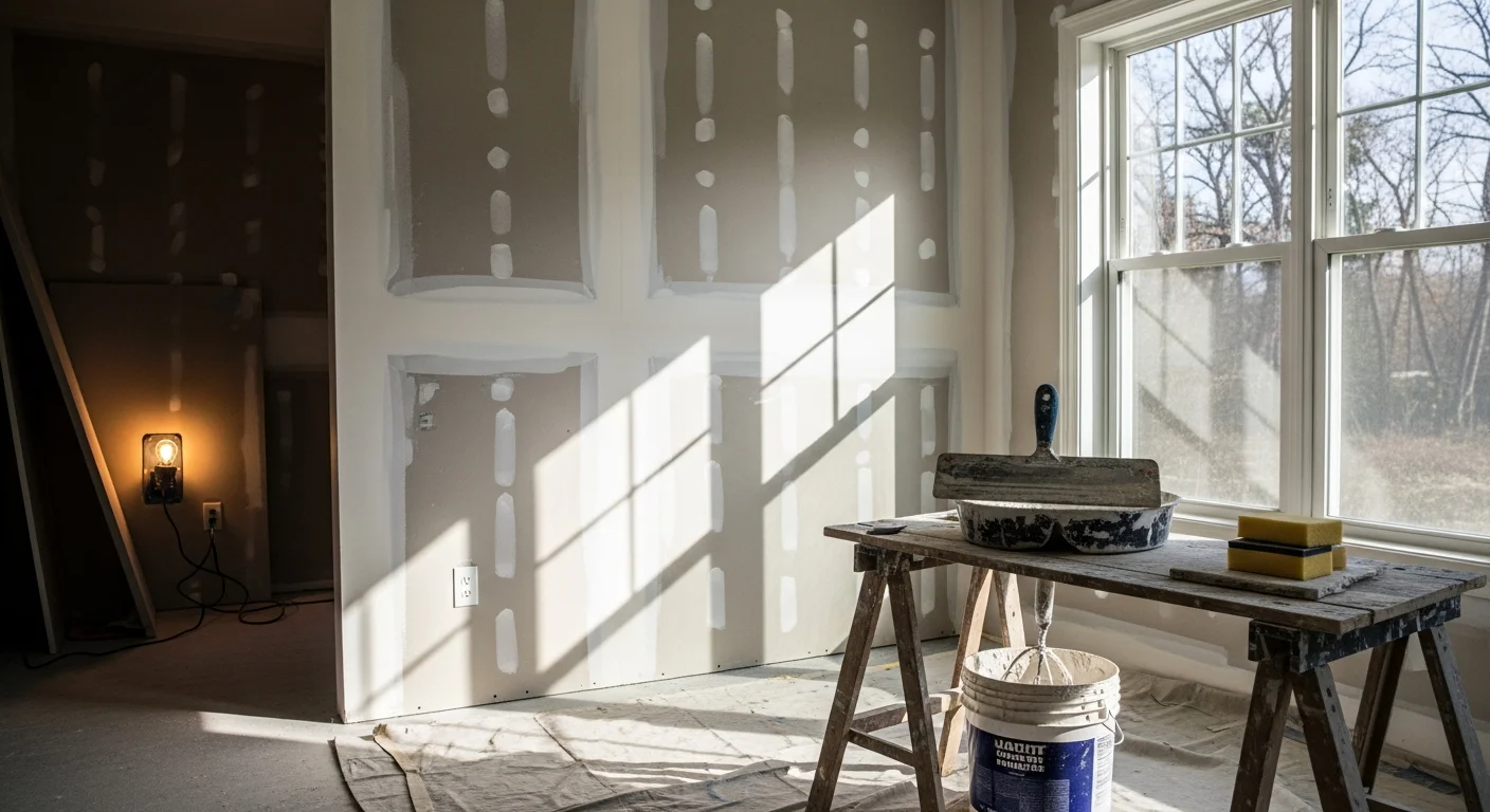 Freshly finished interior drywall walls in a Fruitland, Idaho home showing smooth, seam-free surfaces ready for paint. A Red Oak Construction crew member applies a final coat of joint compound along a wall corner in a new-construction room.