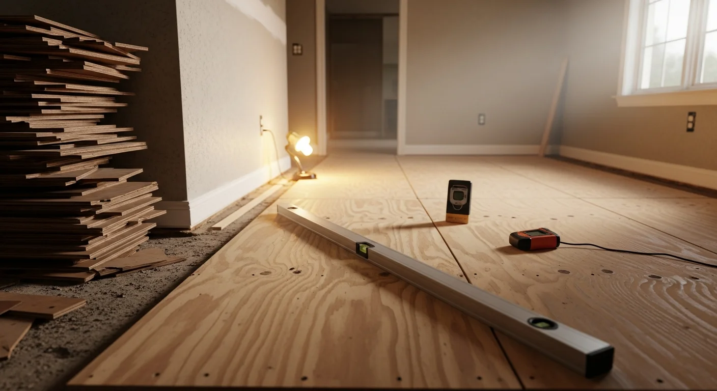 Freshly installed flooring in a Fruitland, Idaho home with a clean subfloor visible at the room edge. A Red Oak Construction installer works near the baseboard in a sunlit living room.