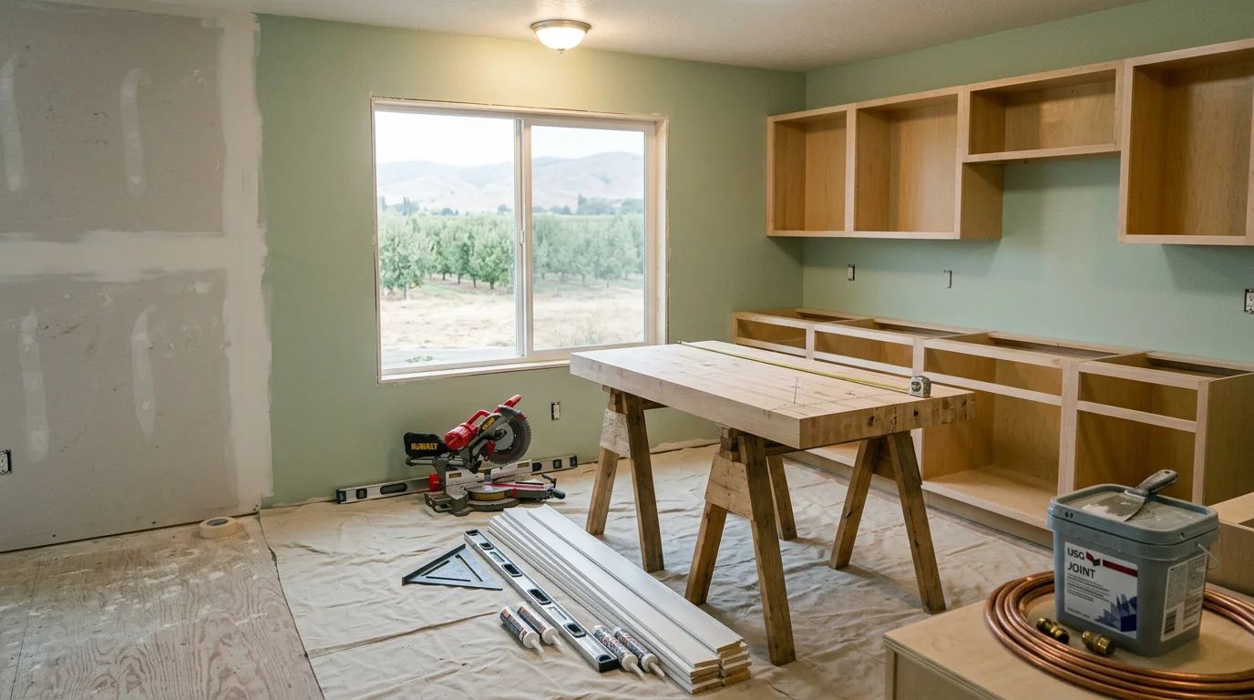 A Red Oak Construction team member reviewing project details with a homeowner at a residential property in Fruitland, ID. The consultation takes place on-site, with the home's exterior visible in the background.