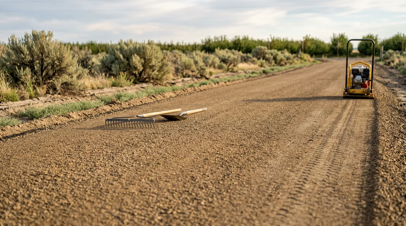 A freshly graded gravel driveway at a residential property in Fruitland, Idaho, with a compacted surface and clean edges leading to a home. The surrounding yard shows level gravel coverage with good drainage slope away from the foundation.
