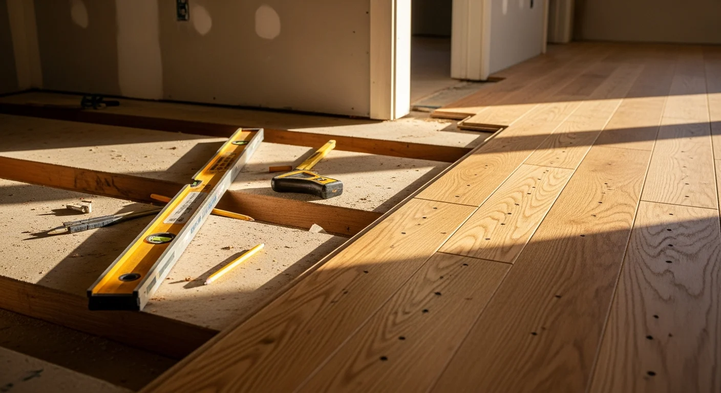 Newly installed hardwood flooring in a ranch-style home in Fruitland, ID, with clean plank lines running through a bright living room. Red Oak Construction completed the subfloor prep and full installation in this southwestern Idaho residence.