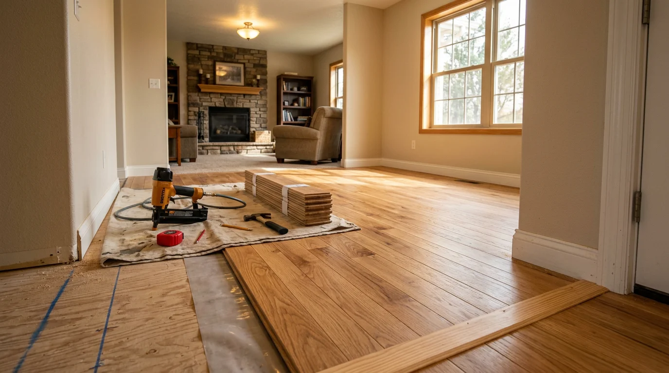 Newly installed hardwood flooring in a Fruitland, ID home showing tight plank joints and a warm wood finish across an open living room. The installation reflects proper acclimation and subfloor preparation suited to Idaho's seasonal humidity swings.