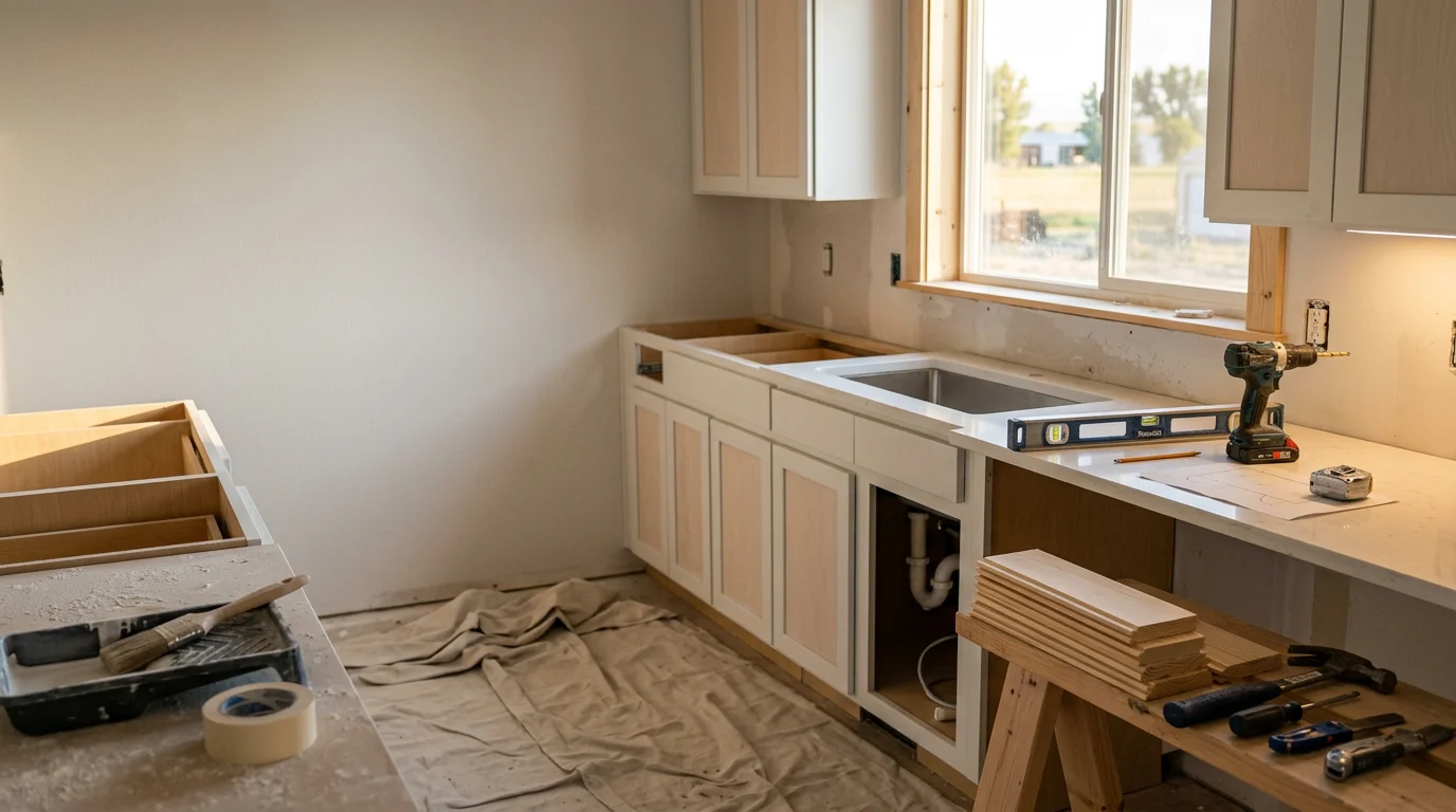 A remodeled interior of a single-family home in Fruitland, Idaho, showing an updated open-concept living and kitchen space with new finishes. The renovation reflects the style common to ranch-style and subdivision homes throughout the Fruitland area.