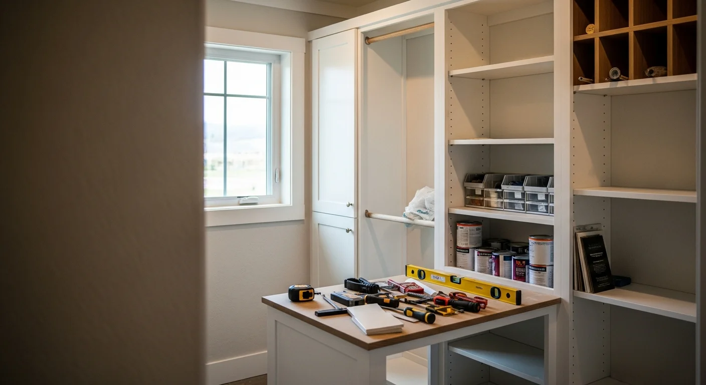 A finished walk-in closet with built-in shelving and hanging sections installed by Red Oak Construction in a Fruitland, ID home. Clean trim lines and organized storage are visible throughout the space.