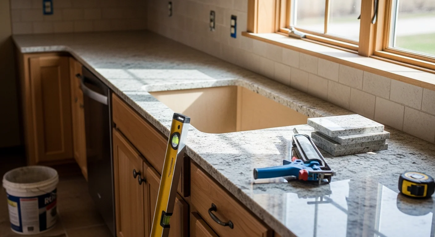 Newly installed kitchen countertop with clean sink cutout and sealed edges in a single-story Fruitland, Idaho home. The updated surface sits flush against painted cabinets in a bright, open kitchen layout.