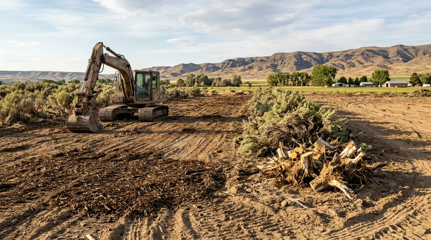 A cleared residential lot in Fruitland, Idaho with sagebrush and overgrowth removed, leaving open, level ground ready for construction. Payette County terrain visible in the background.
