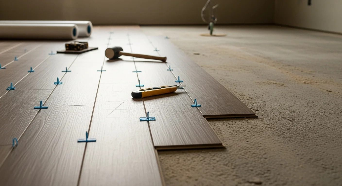 Freshly installed luxury vinyl plank flooring running across an open-concept living area in a Fruitland, ID home. The planks show a wood-tone finish with clean seams and even layout throughout the space.