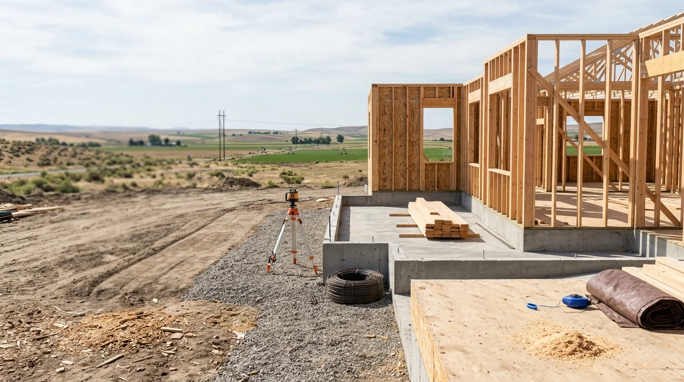 A newly framed single-family home under construction on a residential lot in Fruitland, Idaho, with clear skies and open land visible in the background. A general contractor oversees the build site during the framing stage.