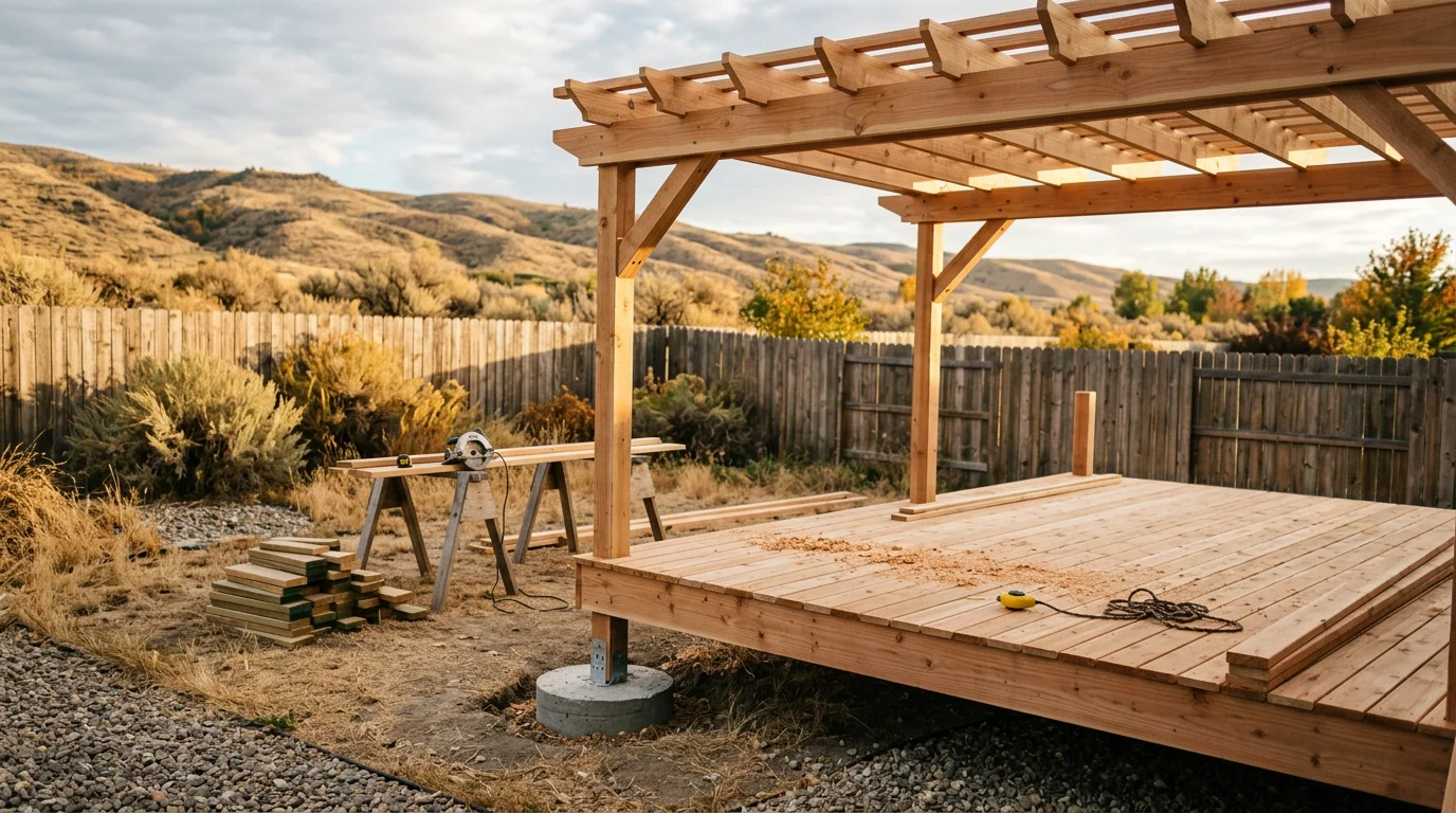 A custom wood deck with pergola built by Red Oak Construction on a residential property in Fruitland, Idaho. The structure overlooks a backyard yard under a clear high-desert sky.