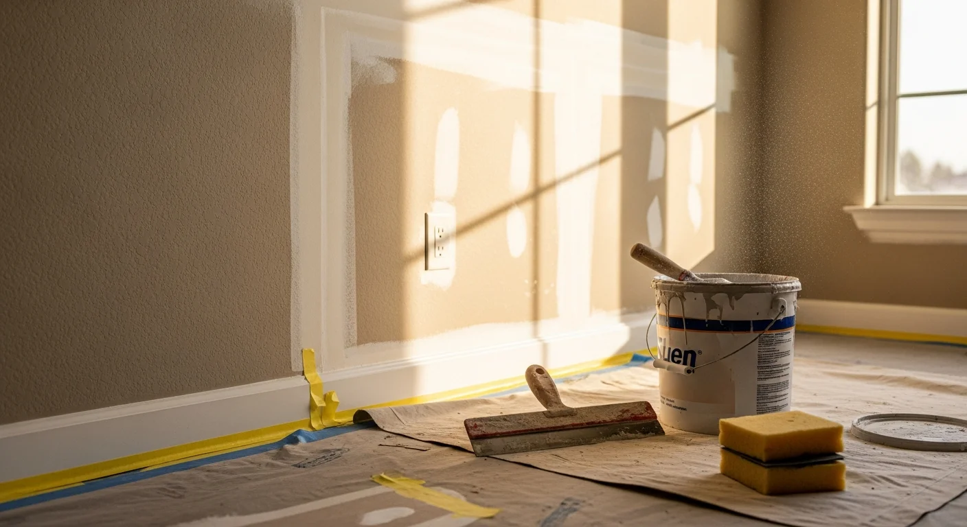 A Fruitland, ID interior room with freshly patched and sanded drywall walls, drop cloths covering the floor, and trim edges taped off in preparation for painting. A Red Oak Construction crew member applies primer to a smooth wall surface in a single-story home.