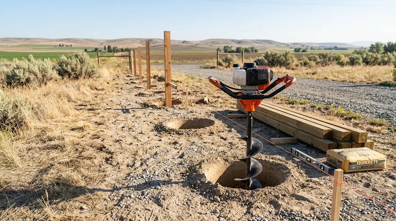A freshly dug post hole in clay soil on a residential property in Fruitland, Idaho, with a wooden fence post ready to be set. Powered auger equipment is visible in the background on a clear southwest Idaho day.