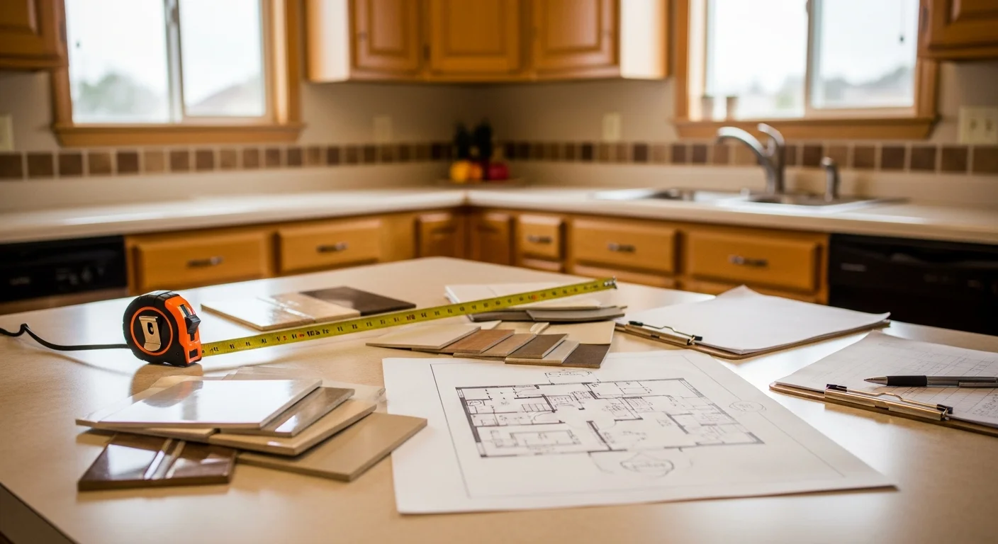 A Red Oak Construction contractor reviewing kitchen layout plans with a Fruitland, ID homeowner inside an older ranch-style home. The consultation takes place in the existing kitchen, with notes and measurements visible on a work surface.