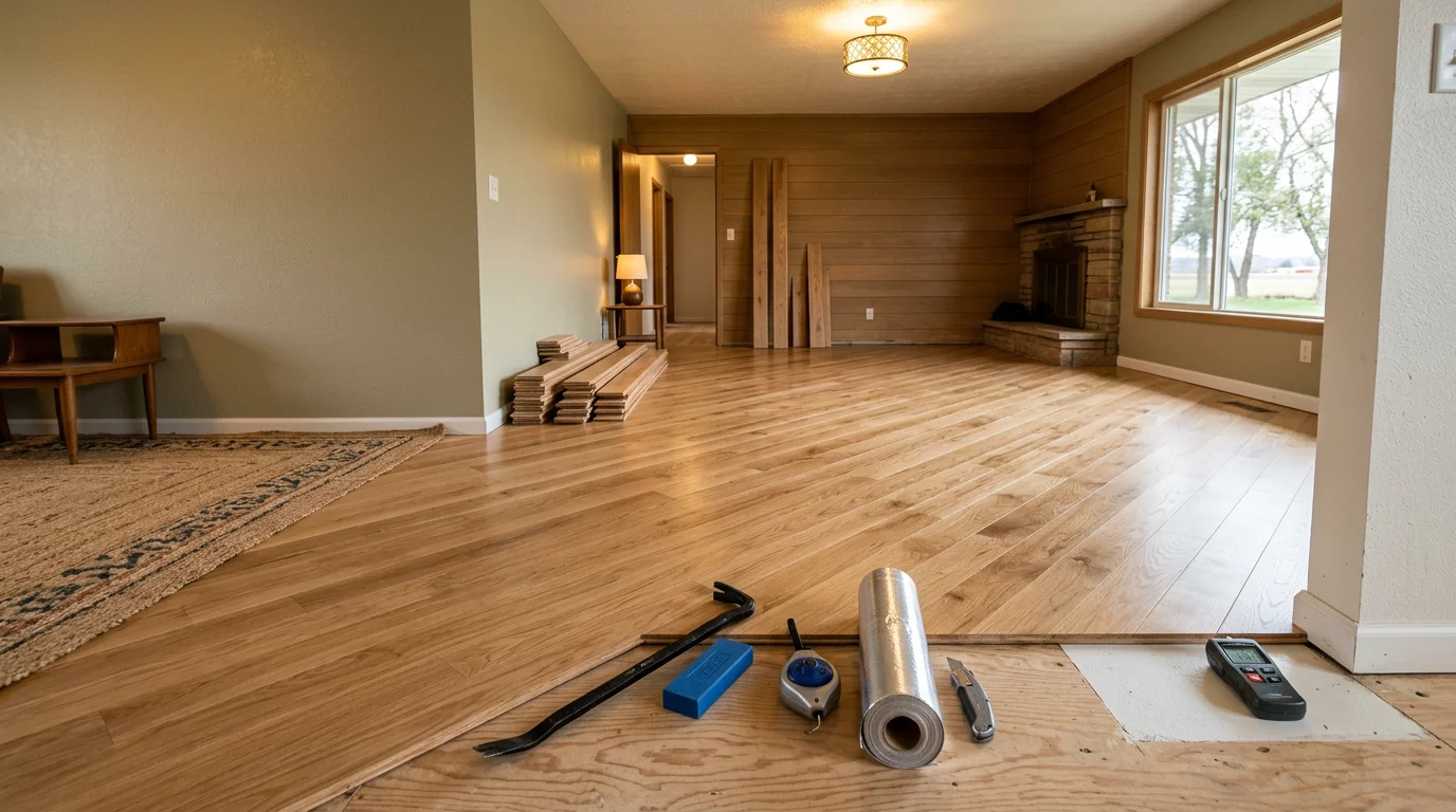 Freshly installed hard-surface flooring in a single-family home in Fruitland, Idaho, showing a clean transition between the living room and hallway. The old flooring has been fully removed and replaced, with smooth edges along the baseboards.