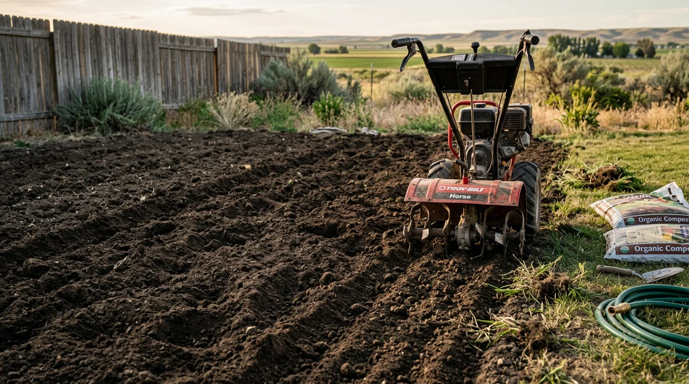 A rototiller working through dry, compacted soil in a residential backyard in Fruitland, Idaho, breaking up the ground into a loose, even seedbed ready for planting.