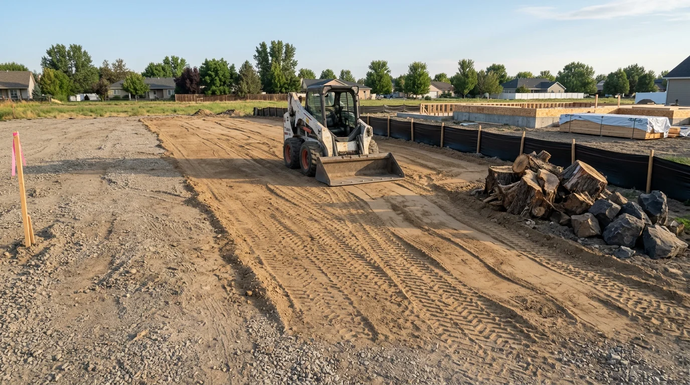 A skid steer clearing and grading a rural lot near Fruitland, Idaho, with agricultural fields visible in the background. The machine is moving soil on a flat site being prepared for construction.