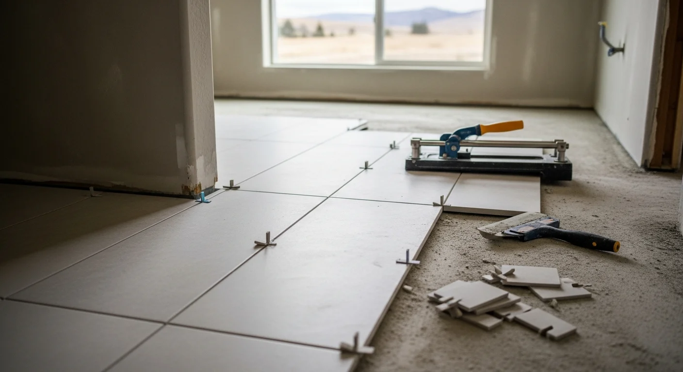 Freshly installed ceramic tile flooring in a kitchen of a Fruitland, ID home, showing clean grout lines and a level surface. The room reflects a midcentury ranch-style layout common in older Fruitland neighborhoods.