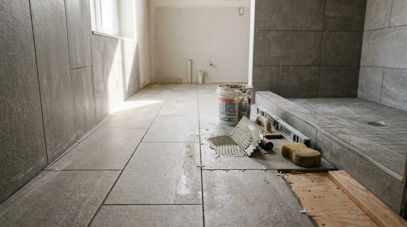 Freshly installed floor tile in a residential bathroom in Fruitland, Idaho, with clean grout lines and a level surface extending to the base of a walk-in shower. The tile work was completed by Red Oak Construction, a locally owned general contractor serving Fruitland and Payette County.