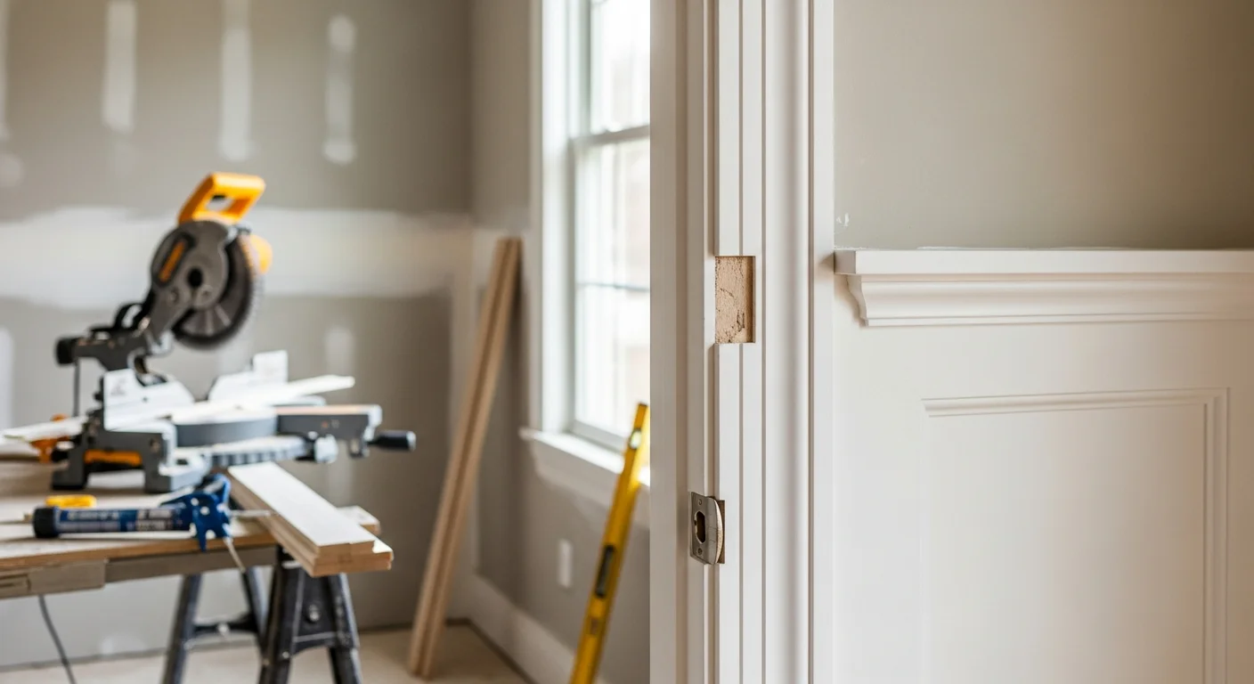 Freshly installed white door casing and baseboard trim in a Fruitland, Idaho home interior, showing tight miter joints at the corners and a clean reveal along the wall. The trim runs along a painted drywall surface in a ranch-style home with natural light from a nearby window.