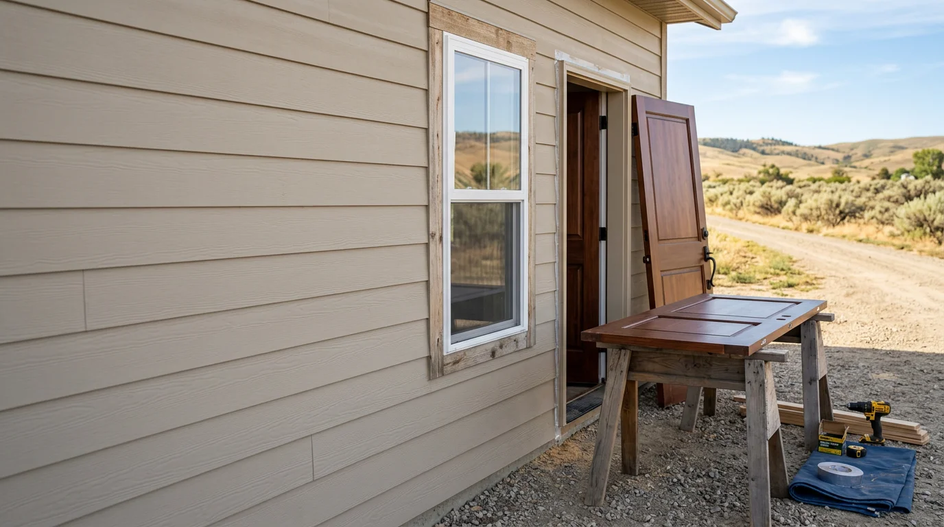 A newly installed exterior door and adjacent window on a single-family home in Fruitland, Idaho, with clean trim work and a finished frame visible from the front of the house.