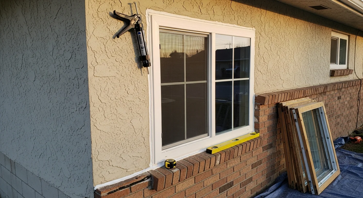 A newly installed replacement window on a ranch-style home in Fruitland, ID, with clean interior casing and a clear view of the surrounding landscape. The finished frame sits flush against the exterior siding with no visible gaps or weathering.