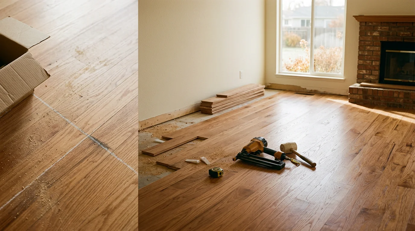 Freshly installed wood floors in a ranch-style home in Fruitland, Idaho, with clean trim work along the baseboards and natural light across the finished surface.